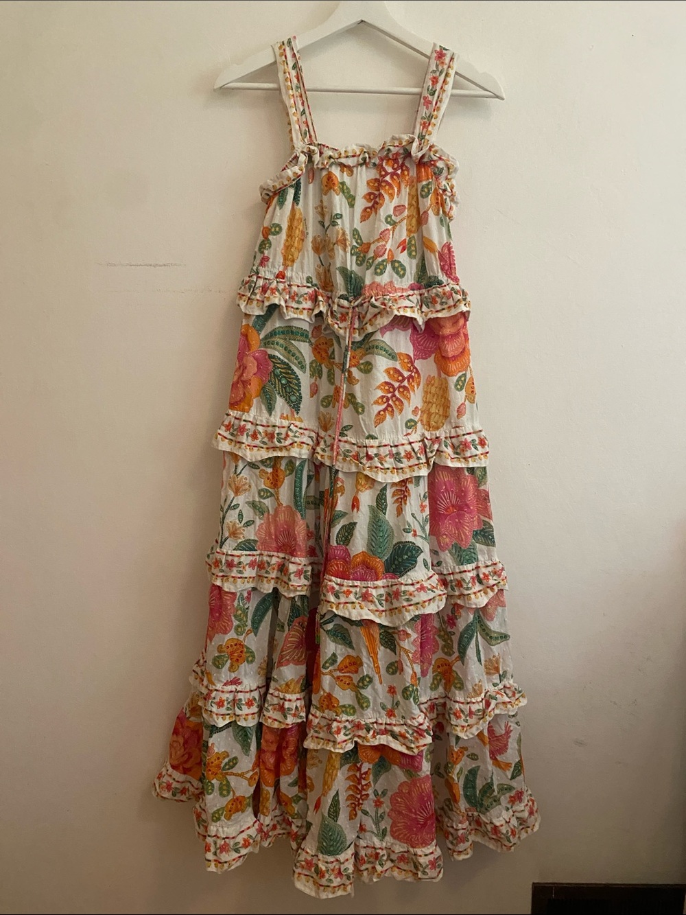 FARM Rio Macaw Bloom Tiered Maxi Dress - White with Pink & Yellow Bloom Sz S - Picture 4 of 12